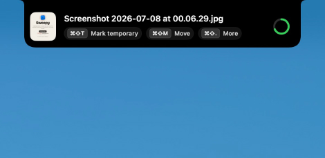 Sweepy's notch panel with a new download and its Mark temporary, Move and More actions, next to a countdown ring