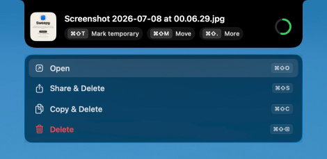 Sweepy's More menu: Open, Share & Delete, Copy & Delete and Delete