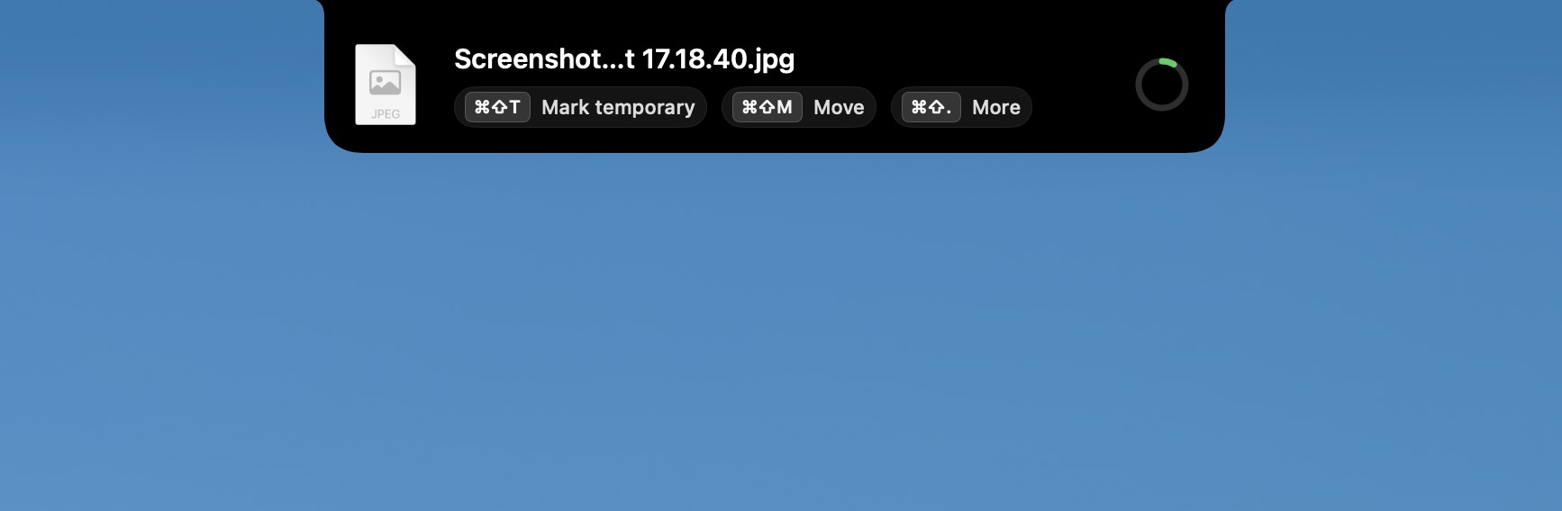 A new screenshot file just landed in Downloads. Sweepy shows a small floating panel with Mark temporary, Move and More actions, and a green countdown ring.